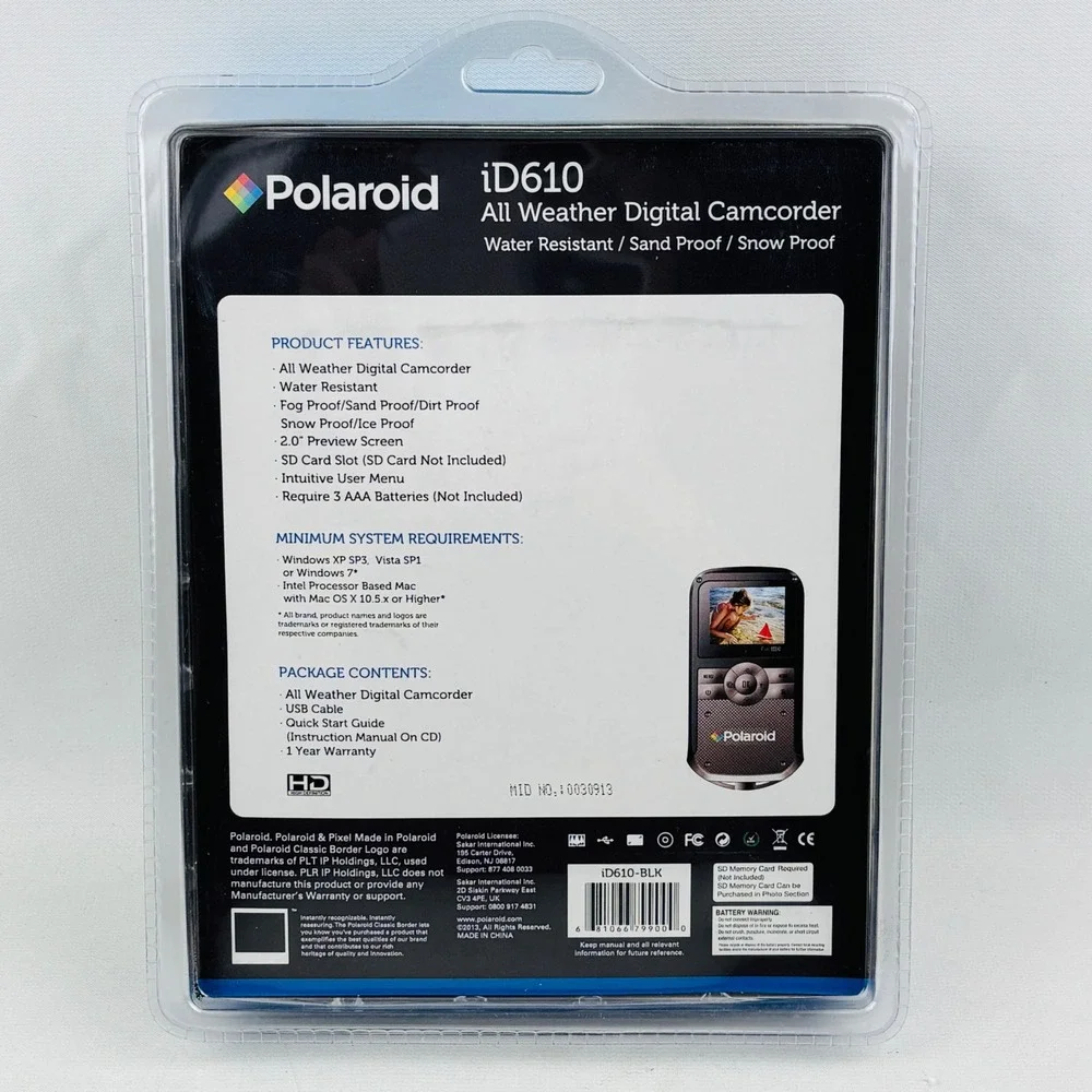 Polaroid iD610 All Weather Digital Camcorder Black iD610-BLK Water Resistant New